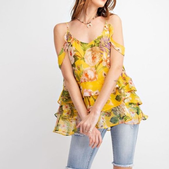 Easel Sunflower Cold Shoulder Print Top S NWT - Picture 4 of 5